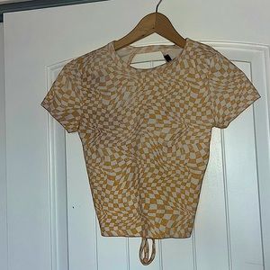 Size M, light orange/white checkered, FOREVER 21 brand, open back w/string ties.